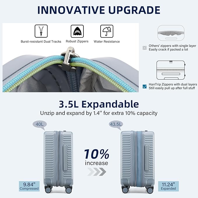 HanTrip Hard Shell Suitcases Airline Approved 20 Inch Carry on Luggage with Wheels, Expandable Travel Luggage with Cup Holder Charger Built in Lightweight Small Suitcase, Silver