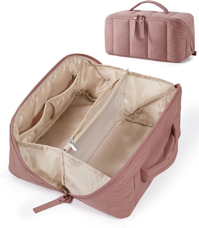 BAGSMART Travel Makeup Bag for Women, Portable Water-resistant Cosmetic Case, Puffy Padded Make Up Organizer Pouch, Open Flat Toiletry Bag for Toiletries, Brushes, Dark Pink
