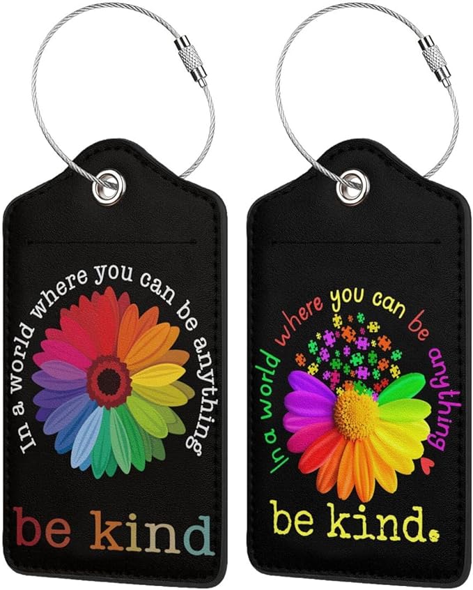 2P Be Kind Luggage Tags Privacy Cover ID Label with Stainless Steel Loop and Address Card for Travel Bag Suitcase Funny Cute Man Women Kids