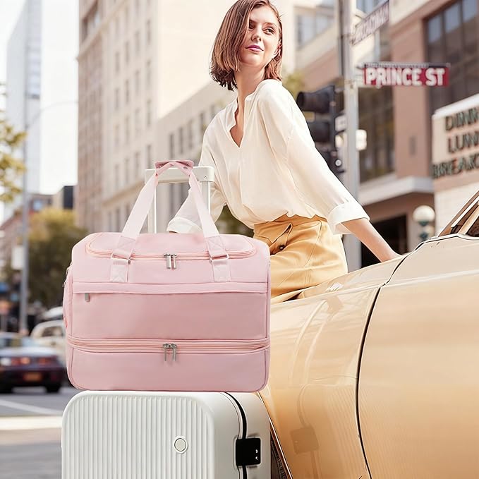 Carry On Travel Duffel Bag for Women & Men,Overnight Weekender Bag with Shoe Compartment,Trolley Sleeve and Adjustable Shoulder Strap,Business & Weekend Travel,Gym,Sports,Yoga & Dance (Pink)