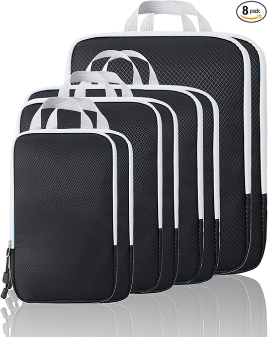 Compression Packing Cubes, 8 Set Packing Cubes for Travel Compression, Lightweight Compressible Package Organizer for Carry On and Suitcases, Black and Grey