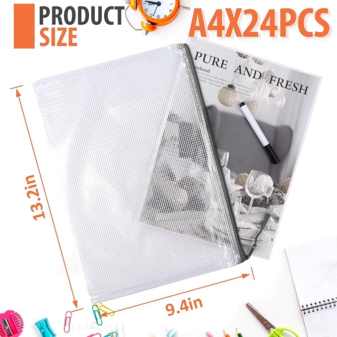 24 Pack A4 Mesh zipper pouch bags, Storage Bags, File Bags for Classroom Organization, Zipper Pouches of office supplies, Puzzles, Board Game Storage（Black）