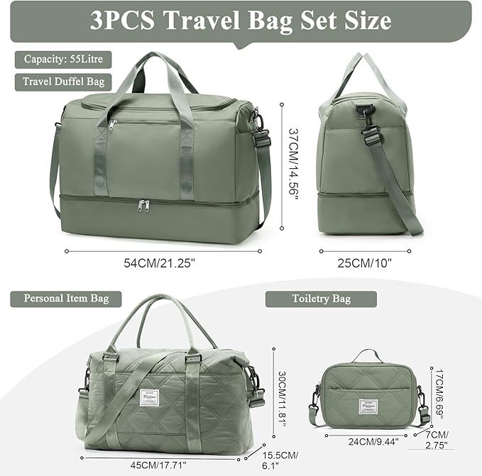 Extra Large Travel Duffle Bag,Carry on Overnight Bag with Shoes Compartment,Weekender Bags for Women for Travel Business Trips Sport Hospital,3 Pcs Set,Green