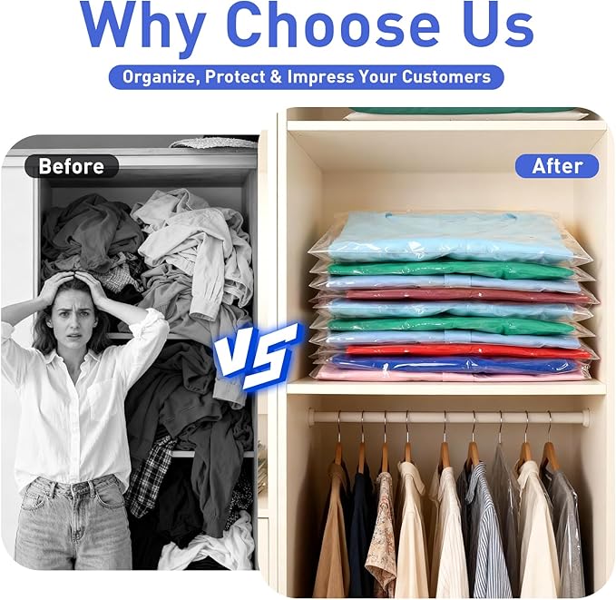 BoxLegend Shirt Folder Board with 11x14 T Shirt Bags 100 PCS and 7 Sizes Stickers 3500 PCS Clothes Folding Board Bags for Small Business