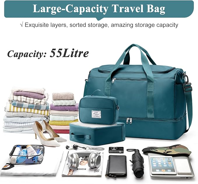 Extra Large Travel Duffle Bag,Carry on Overnight Weekend Bag with Shoes Compartment,Weekender Bags for Women for Travel Business Trips Sport Hospital,3 Pcs Set,Peacock Blue