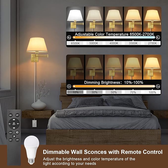 TRLIFE Remote Control Dimmable Wall Sconce, Adjustable Color Temperature 2700K-6500K Brushed Brass Swing Arm Wall Lights with Plug in Cord, 11.8" Large White Shade(2 Pack, 2 Bulbs)