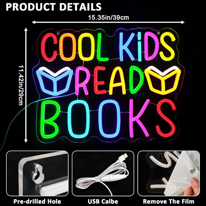 Cool Kids Read Books Neon Sign for Wall Decor, Reading Led Signs for Library, USB Dimmable Neon Lights for Classroom Reading Corner Bedroom Study Room Home Book Club Motivational Wall Art