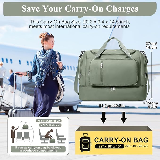 Travel Duffle Bag, Weekender Bags for Women,Carry On Overnight Personal Item Travel Bag with Shoes Compartment,Olive Green