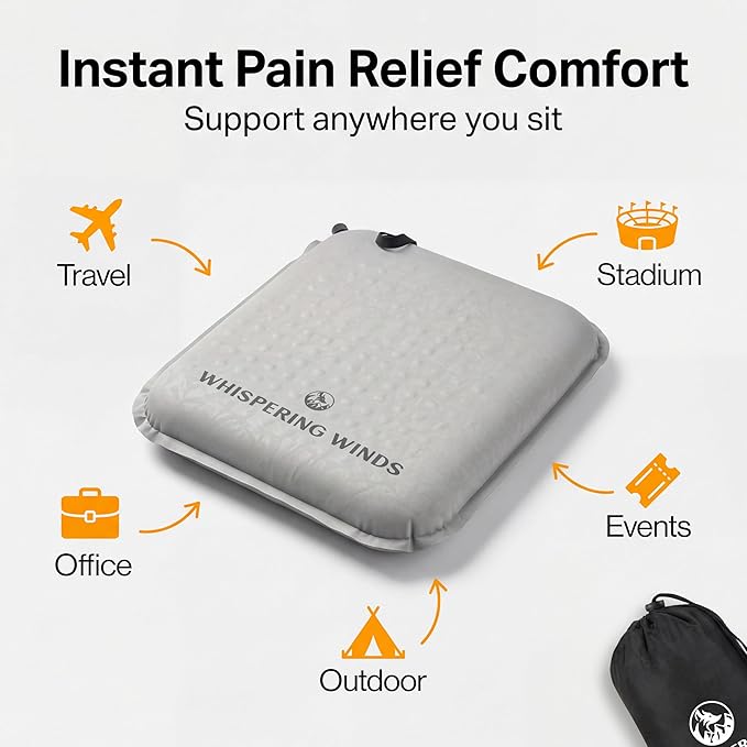 Whispering Winds Inflatable Seat Cushion - Comfortable Blow-up Foam Pad for Airplane, Travel, Stadium, Outdoors, Camping, Car & More