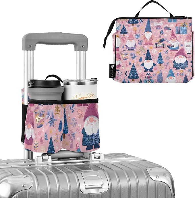 Luggage Cup Holder for Suitcases Free Hands Travel Cup Holder Portable Suitcase Cup Drink Holder Luggage Cup Caddy Bag Carrier Pink Christmas Snowflakes Gnomes Trees