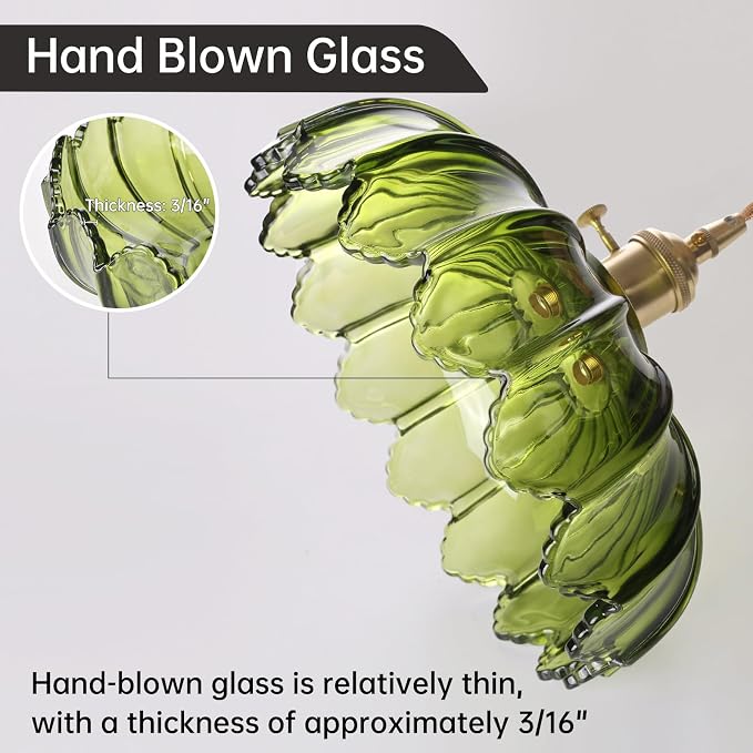 Shenmoyl Plug in Pendant Light Hanging Light Fixtures with Plugin Cord On/Off Switch,Green Scindapsus Glass Lampshade Brass Pendant Light