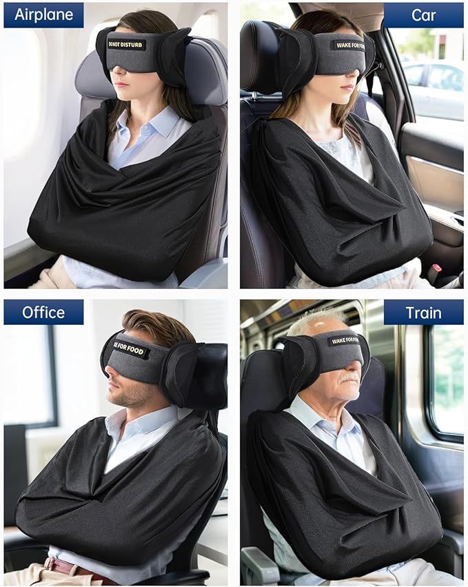 Travel Pillow and Blanket Set, Compact Airplane Pillow Bag with Eye Mask for Long Flights Sleeping, 360° Support Head Strap Travel Essentials for Plane Car Sleep Neck Upright, Stop Bobblehead (Grey)