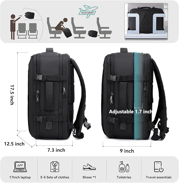 Carry on Travel Backpack for Men Women, Extra Large 40L Flight Approved Expandable Suitcase With USB/Type-C Charging Port, Victoriatourist Water Resistant Luggage Daypack Business Weekender Bag, Black