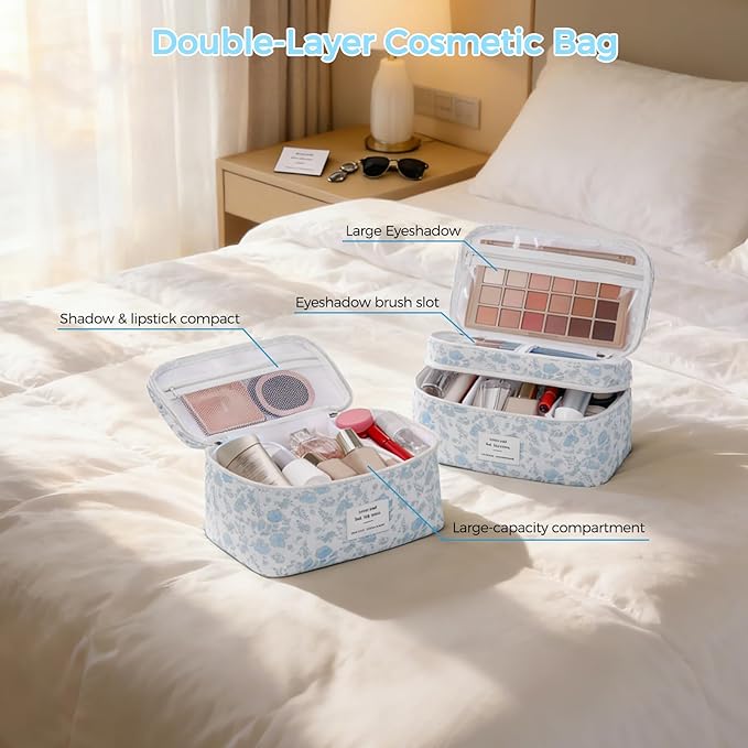 Makeup bag, Large Cosmetic Bag for Women Girls, Cute Quilted Makeup Bags, Floral Coquette Aesthetic Toiletry Bag, Travel Make Up Organizer Bag (Blue Flowers)