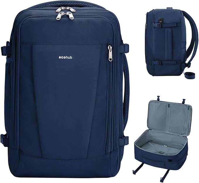 ECOHUB 17'' Travel Backpack, Personal Item Backpack with 13 Pockets, Flight Approved Carry on Backpack with USB Port & Luggage Sleeve, Travel bag for Men & Women, Water Resistant Backpack, Blue