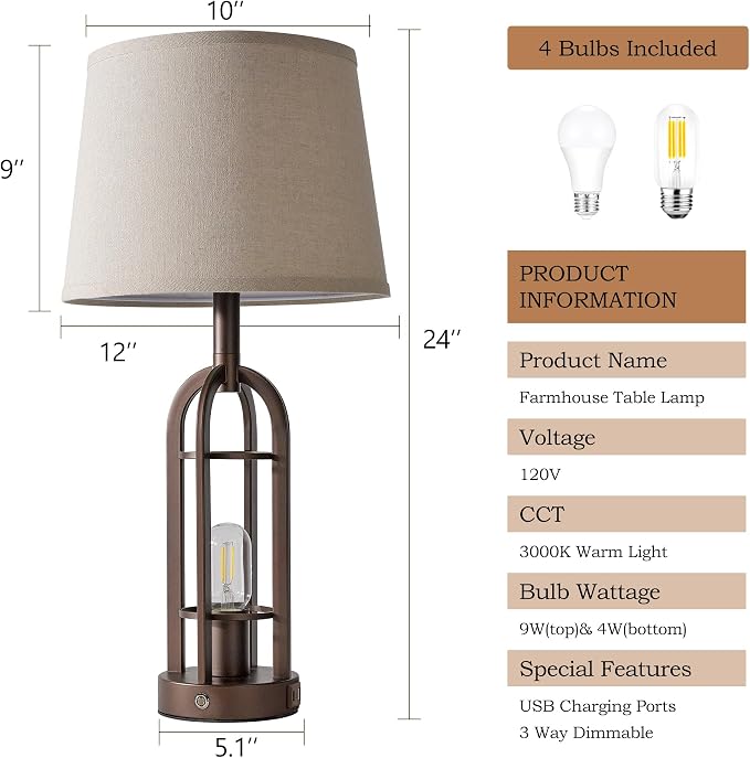 SRJJA 24" Table Lamps for Living Room Set of 2, Rustic Farmhouse 3-Way Dimmable Touch Industrial Bedside Lamps with USB A+C for Bedroom Nightstand，4 Bulbs Included