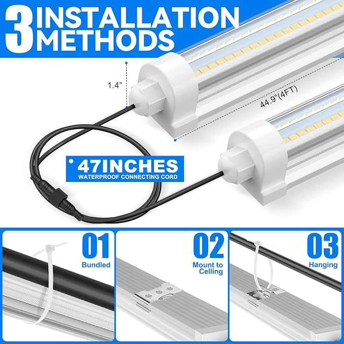 JESLED Waterproof T8 Grow Lights, 4FT 5000K Full Spectrum Daylight, 2Packs | 96W(2 X 48W), 600W Equivalent, V-Shaped Beam, On/Off Switch, Linkable Plant Light Strip for Greenhouse, Shelf, Indoor Outdoor