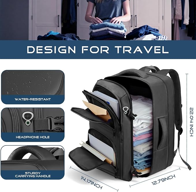 Travel Backpack, Extra Large Travel Backpack, TSA 18.4 inch Laptop Bag Flight Approved, Lightweight Business Luggage Bag, Gifts for Men Women, Black
