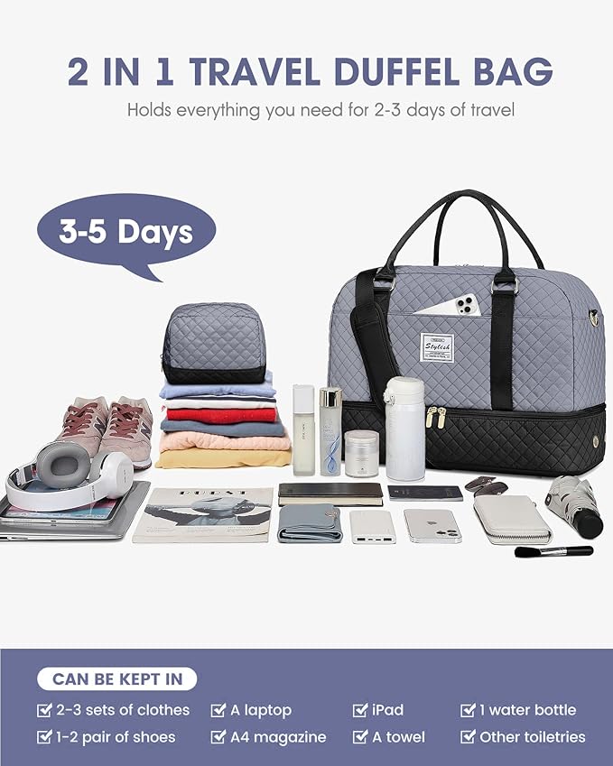 Weekender Bags for Women Travel Bag- Duffle Bags with Shoe Compartment Large Carry On Overnight Bag with Toiletry Bag & Wet Pocket for Women Labor Delivery Grey Black