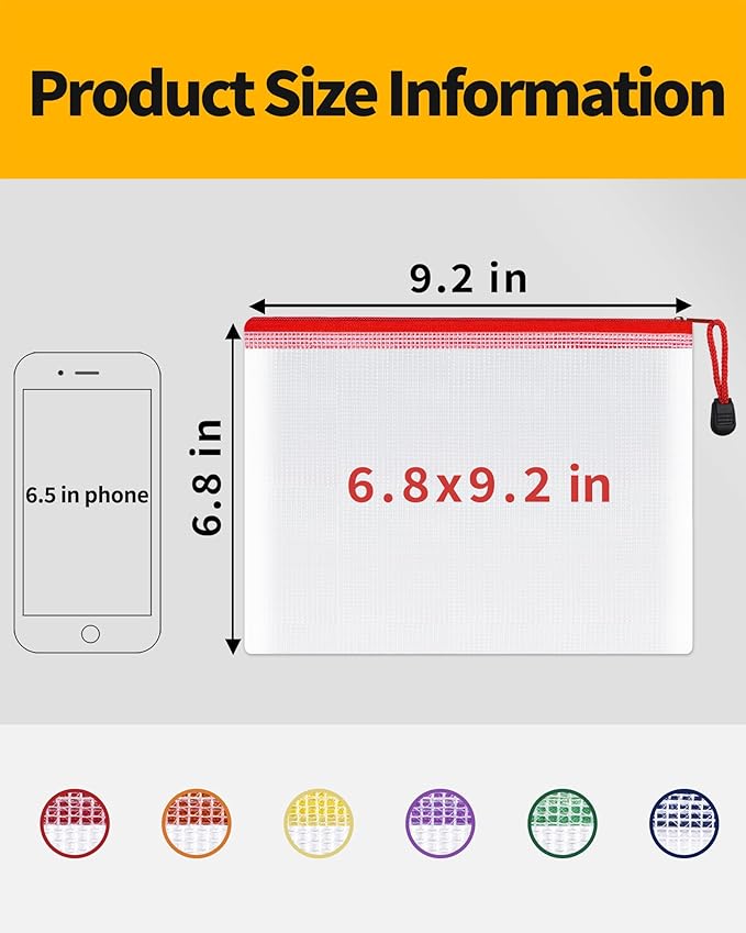 SUNEE Plastic Mesh Zipper Pouch 6.8x9.2 in (6 Colors, 12 Packs), Small Water-Resistant Zip Bag for School Office Supplies, Pencil Organizing Storage