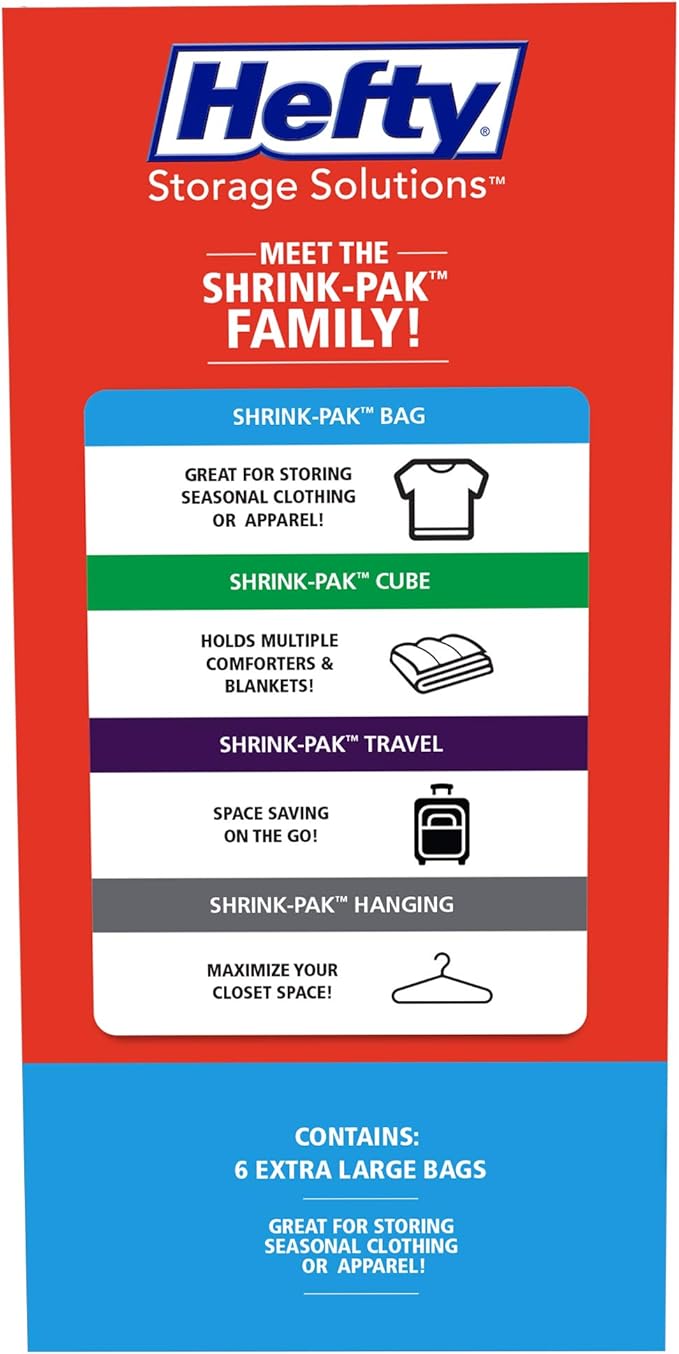 Hefty Shrink-Pak – 6 Extra Large Vacuum Seal Storage Bags – Space Saver Bags for Clothing, Pillows, Towels, or Blankets, 6 x XL Bags