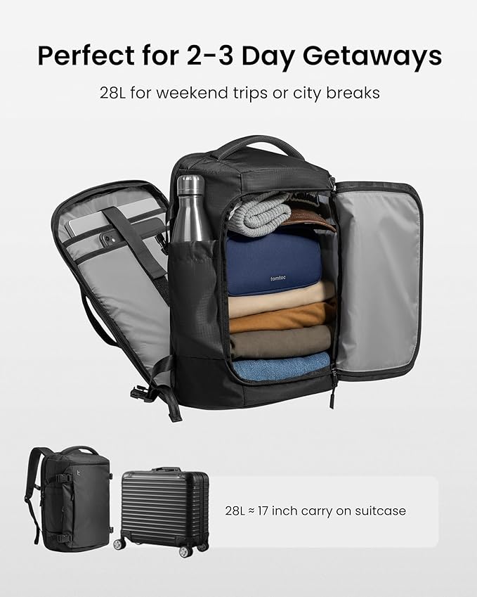 tomtoc Travel Backpack 28L, TSA Friendly Flight Approved Carry-on Luggage, Personal Item Travel Bag, Water-resistant Lightweight Business Rucksack, Durable Bag Fits 16 Inch Laptop
