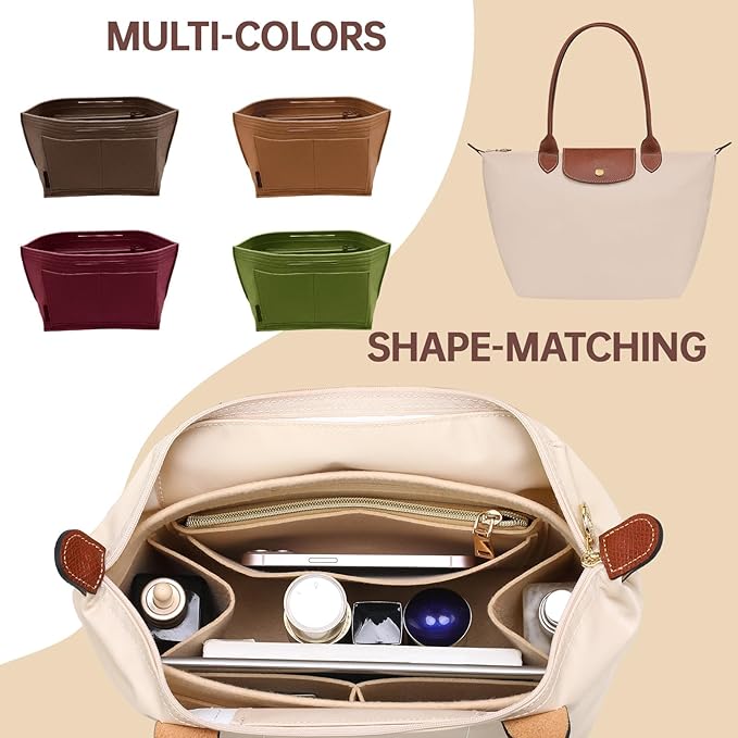 OPPOSHE Purse Organizer Insert for Longchamp Le Pliage, Premium Felt Long Champ Bag Handbag Women, Tote Organizer Insert with 6 Compartments (Small, Dark Brown)