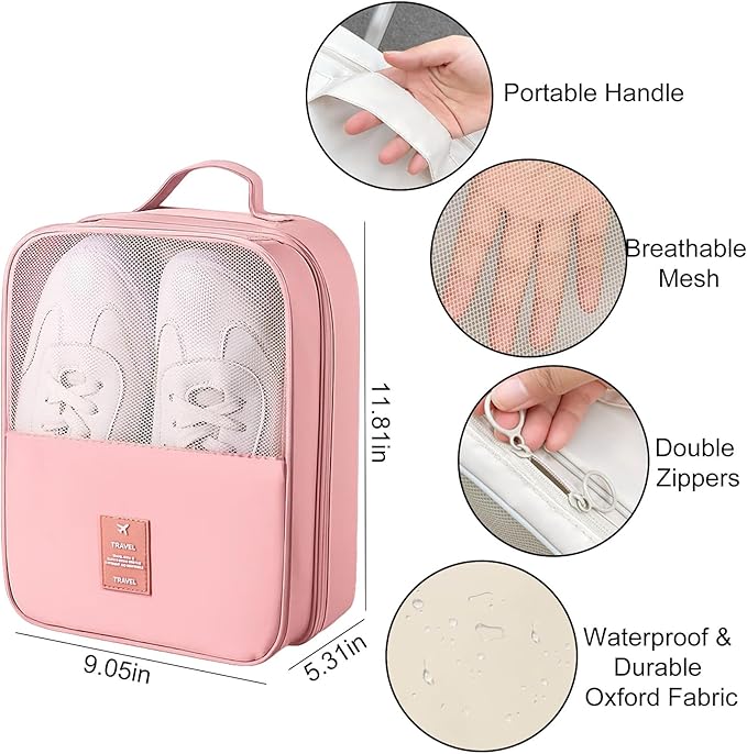 Shoe Bags for Travel Holds 3 Pair of Shoes, Shoe Storage Pouch with 2 Pack Portable Bags, Waterproof & Washable, Pink