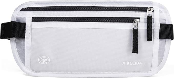 RFID Blocking Money Belt - Passport Holder & Travel Wallet, Slim Hidden Fanny Packs for Women Men - White
