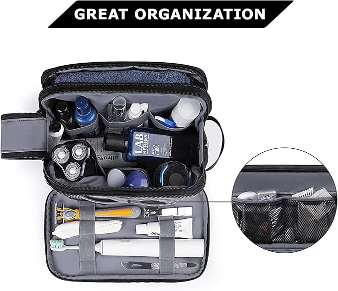 BAGSMART Toiletry Bag for Men, Travel Toiletry Organizer Dopp Kit Water-resistant Shaving Bag for Toiletries Accessories, Door Room Essentials, Black-medium