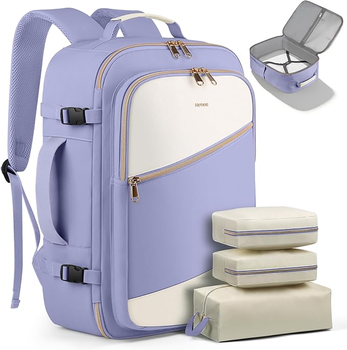 HOTOR Travel Backpack for Women – TSA-Friendly Travel Bag with Multiple Compartments & 3 Packing Cubes, Water-Resistant & Comfortable, Perfect for Travel Essentials, Purple, 17.3" x 13.0" x 7.9"