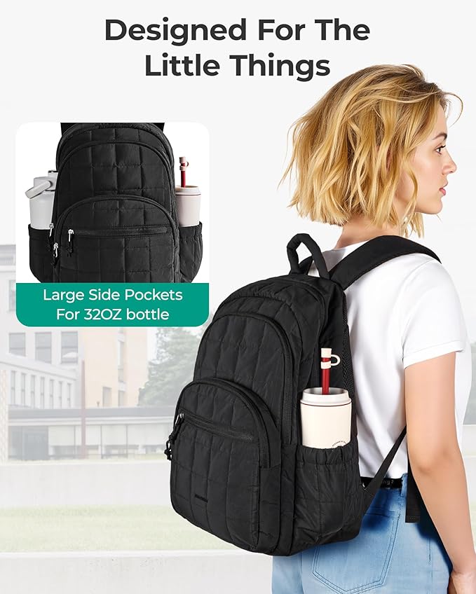 BAGSMART College Laptop Backpack, Travel Backpack for Women, Quilted Casual Daypack, Water-Resistant Bookbag for 15.6 Inch Laptop, Forest Green