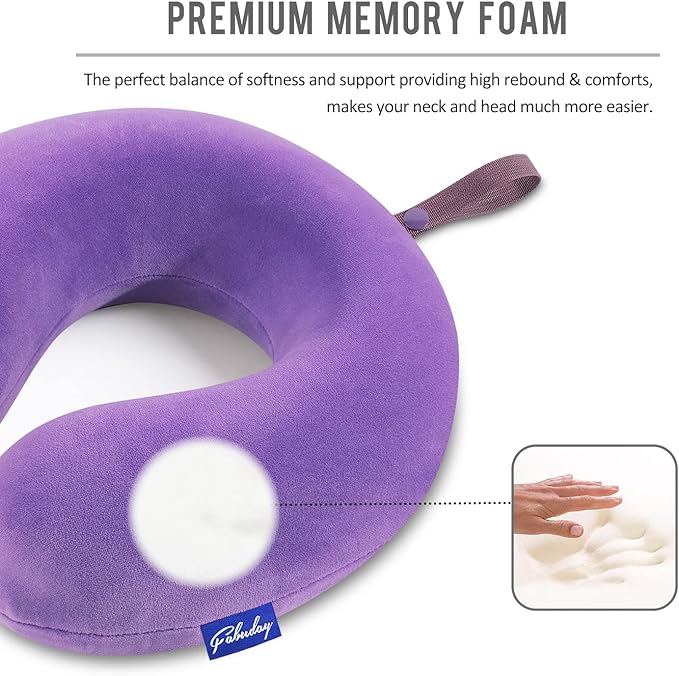 Neck Pillow for Travel Memory Foam - Airplane Pillows for Sleeping with Attachable Snap Strap Soft Washable Cover, Flight Pillow for Traveling, Car, Home, Provide Head Neck Support Rest Purple