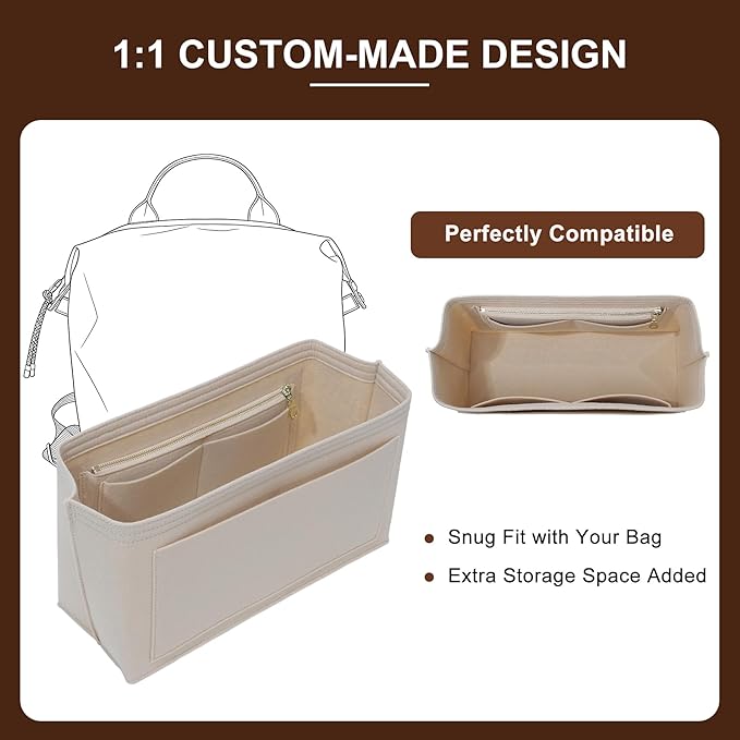 Doxo Backpack Organizer Insert for Longchamp Le Pliage L Backpack | Felt Material with 8 Compartments & YKK Zipper Pocket | Custom-Fit Longchamp Backpack Insert (LB, Beige)