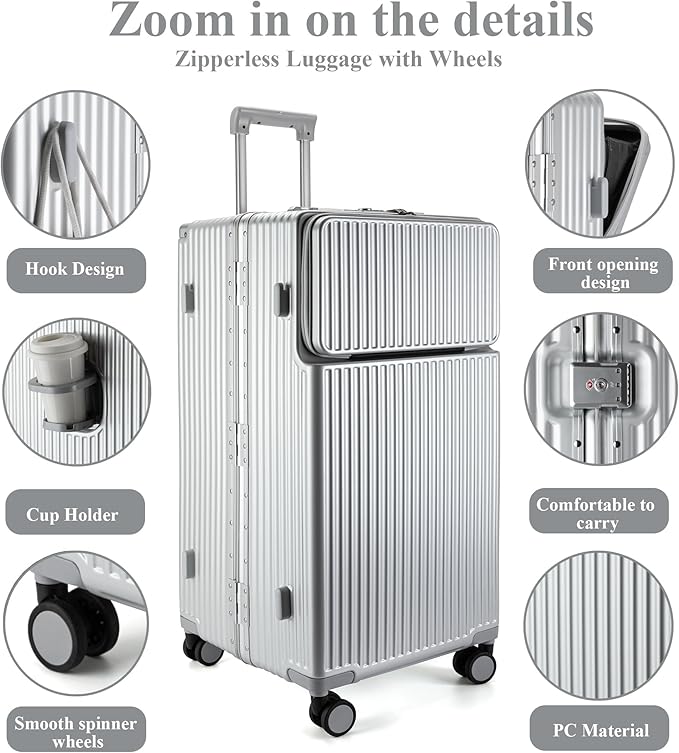 feilario 30in Super Large Captain Aluminum Frame Hardside Spinner Wheels Luggage, Zipperless Checked Suitcase with Front Compartment/Cup Holder/Phone Holder (Silver,30in)