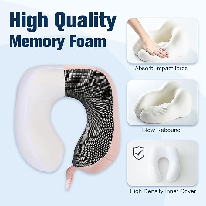 Neck Pillow for Traveling, Travel Pillows for Airplanes,100% Pure Memory Foam Travel Neck Pillow, Adjustable Flight Pillow, Portable Plane Accessories with Eye Mask, Earplugs, Carry Bag