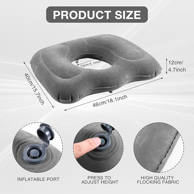 Leinuosen 1 Pcs Inflatable Seat Cushion 18.1'' x 15.7'' x 4.7'' Portable Lift Donut Pillow Height Adjustable Hemorrhoid Pillow for Tailbone Back Pain Bed Sore Home Car Chair Wheelchair Sitting (Grey)