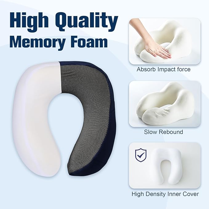 Neck Pillow for Traveling, Travel Pillows for Airplanes,100% Pure Memory Foam Travel Neck Pillow, Adjustable Flight Pillow, Portable Plane Accessories with Eye Mask, Earplugs, Carry Bag
