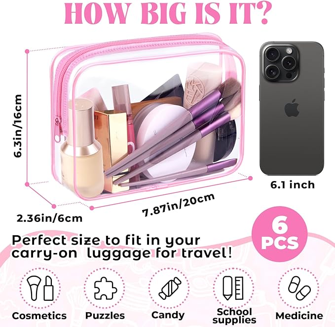 6 Pieces Clear Makeup Bags Bulk TSA Approved Toiletry Bag for Travel PVC Waterproof Clear Cosmetic Pouch with Zipper for Men and Women Carry-on Travel Essentials (Pink)