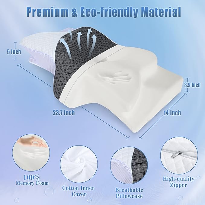 SAHEYER Memory Foam Cervical Pillow, 2 in 1 Ergonomic Orthopedic Neck Pillow for Neck and Shoulder Pain Relief, Side Sleeper Pillow for Side Back Stomach (Grey)