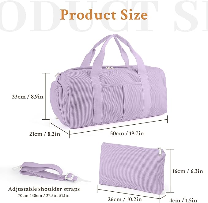 2PCS Cute Gym Bag for Girls, Corduroy Duffle Bag with Wet Pocket & Shoe Compartment and item bag, Duffle Bag for Travel, Sports, Fitness & Workout
