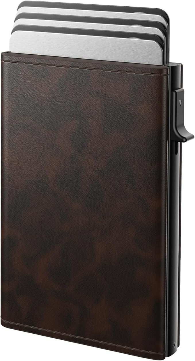 typecase Mens Wallet Card Holder: Pop Up Aluminum Case, Genuine Leather, Smart, RFID Blocking, Slim, Minimalist, Front Pocket - 9-14 Card Capacity | ID Window | Cash Slot (Antique Brown)