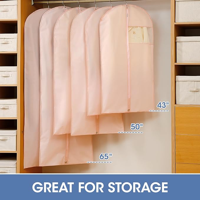 Garment Bags for Hanging Clothes, 50" Long Dress Bags for Closet Storage, Pink Garment Covers with Clear Window for Suits, Coats, Jackets (2 Pack)