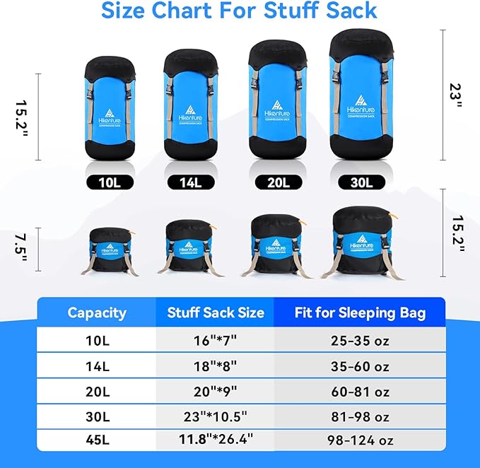 Hikenture Compression Sack for Sleeping Bag, Upgrade Anti-Tear Nylon Sleeping Bag Stuff Sack, 10L/14L/20L/30L Water-Resistant Compression Bag, Storage Bag
