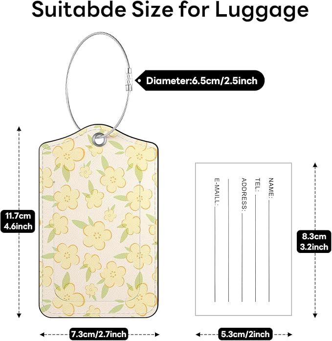 2 Pack PU Leather Luggage Tags for Suitcases, Privacy Protection Cover with Stainless Steel Loop and Address Card, Travel Cruise Essentials (Yellow Flower)