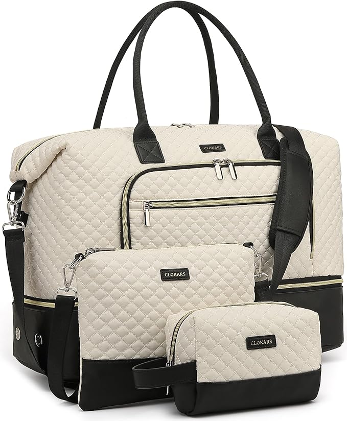 Duffle Bag for Women Travel, Weekender Bag Overnight Bag with Shoe Compartment, Carry on Bag with Crossbody Purse for Over Night, Weekend, Yoga, Gym, Business Trips, Hospital, White Black