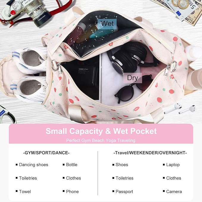 Gym Travel Duffle Bag for Girls - Gymnastics Sports Dance Bag with Shoe Compartment & Wet Pocket Strawberries Kids Travel Bag Teens Weekender Sleepover Carry On Bag