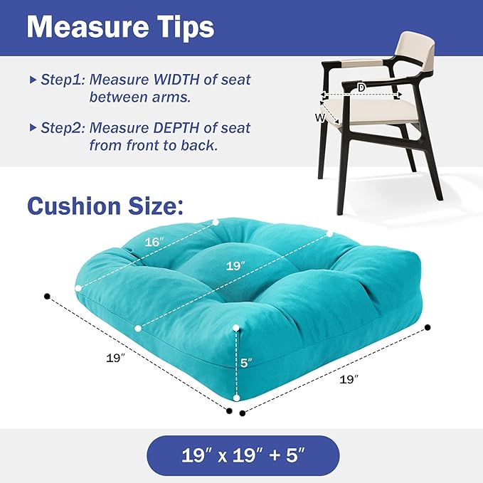 Outdoor Chair Cushions Set of 4, Patio Chair Cushions with Ties, 19x19+5” Tufted Outdoor Seat Cushions, Waterproof Patio Furniture Cushions, Outdoor Dining Chair Pads, Teal