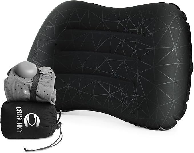 Camping Pillow with Built in Pump - Inflatable Pillow - Travel Pillows for Backpacking & Airplane, Lumbar Support Blow Up Compressible Pillow (Black (with Pump))