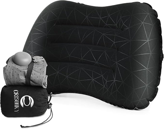 Camping Pillow with Built in Pump - Inflatable Pillow - Travel Pillows for Backpacking & Airplane, Lumbar Support Blow Up Compressible Pillow (Black (with Pump))